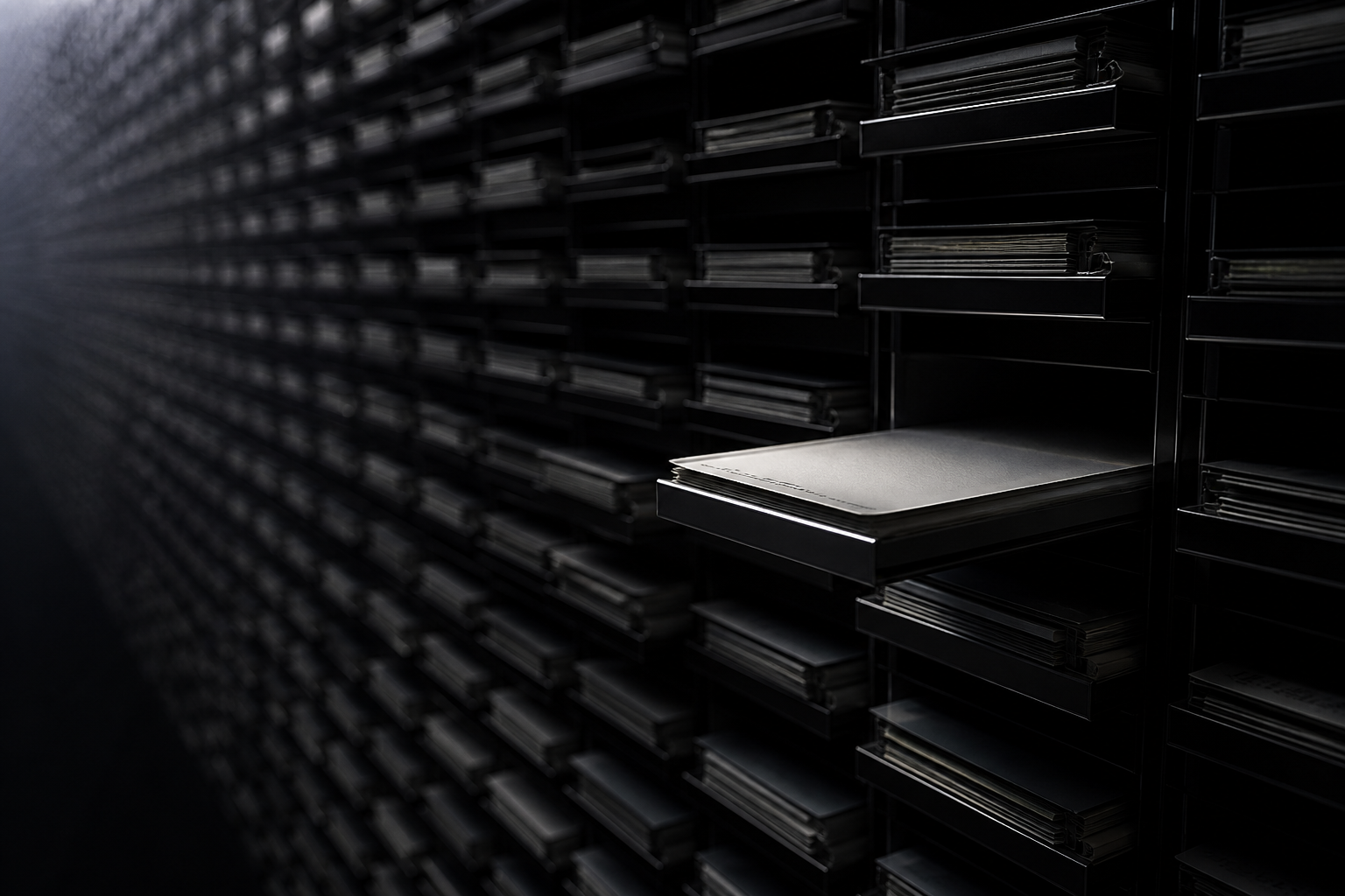 A dark archive of files with a single silver edged document pulled into the light