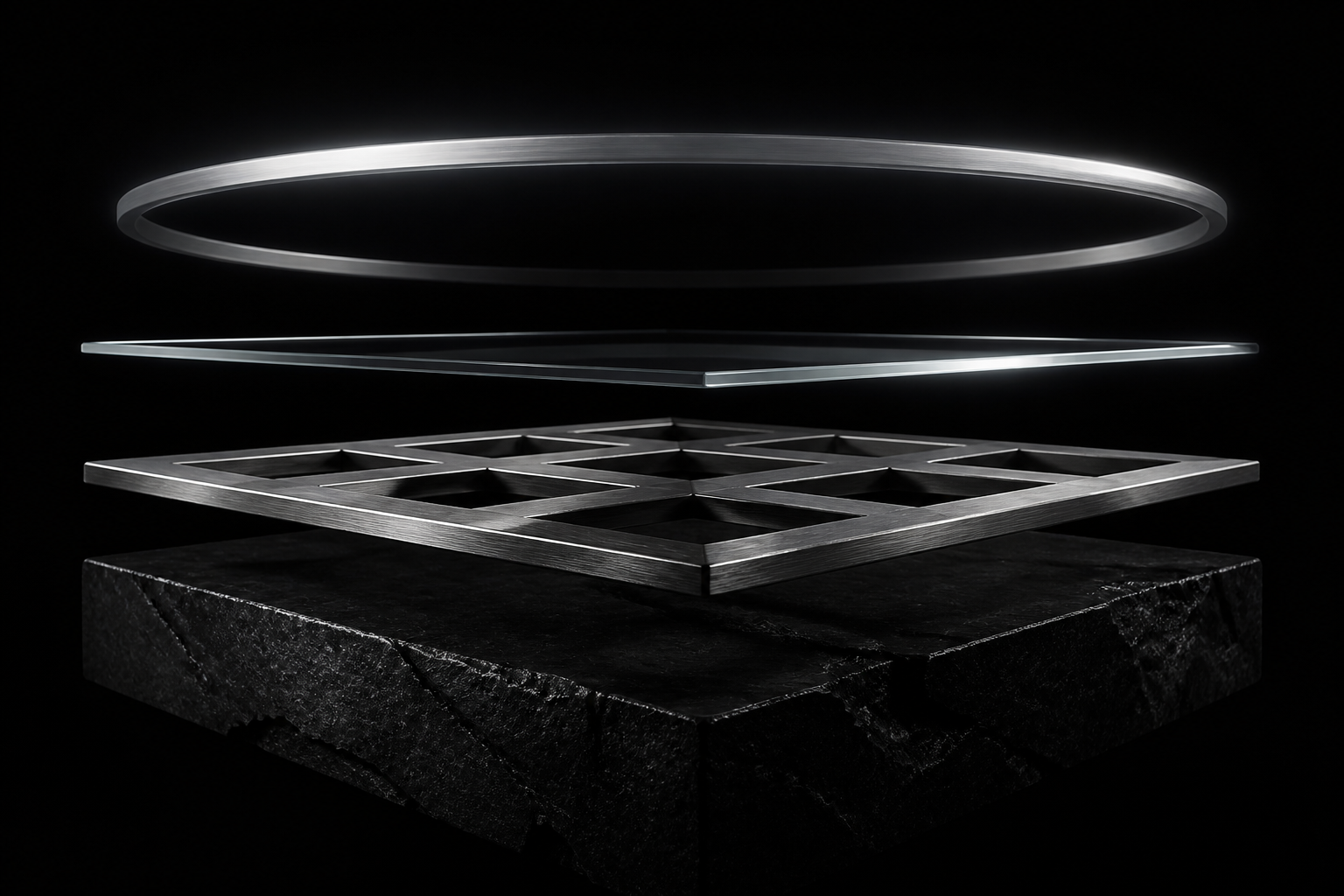 Four horizontal strata of stone, steel, glass, and light stacked in a black void