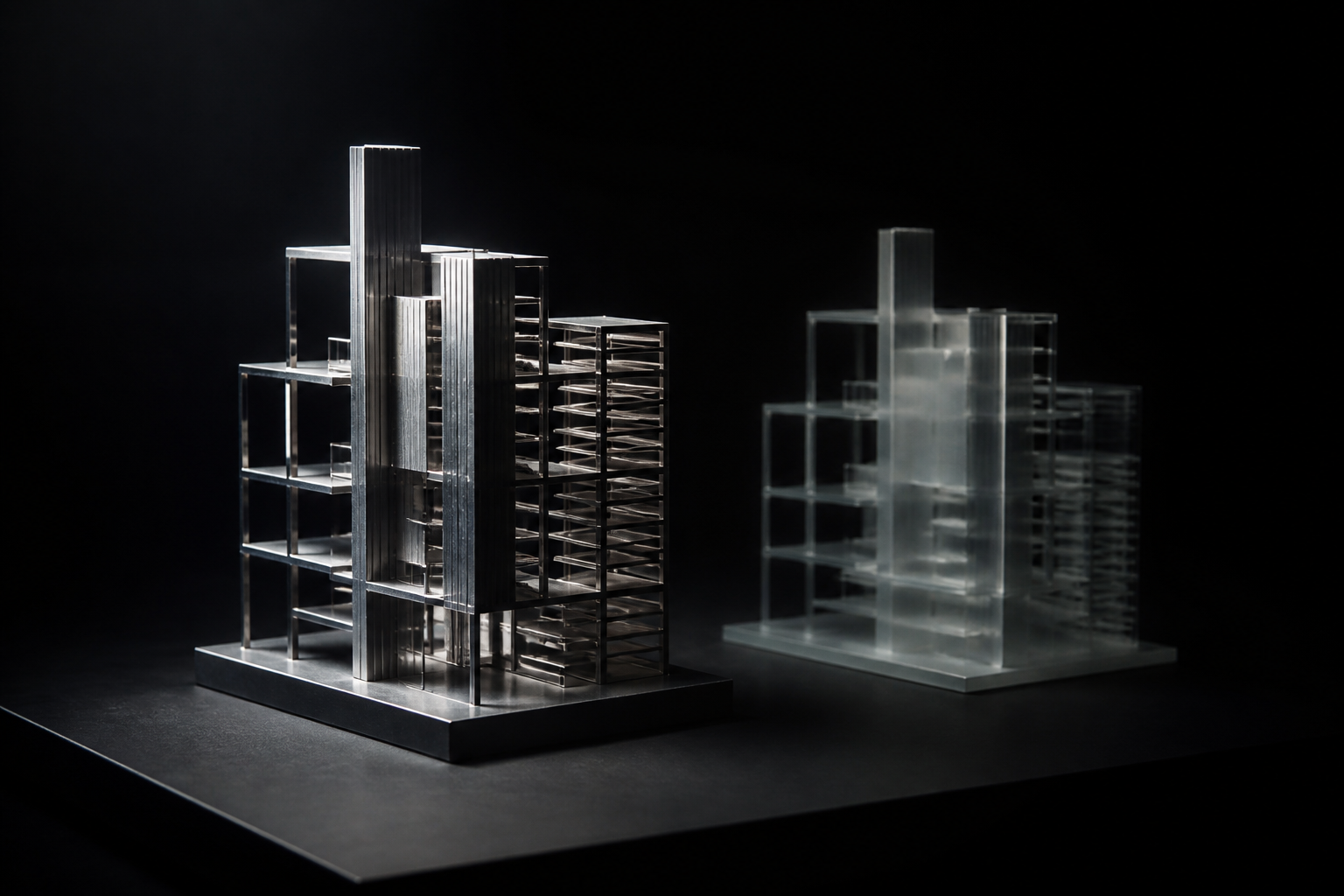 A precise silver structure beside a faint, misaligned duplicate in a dark studio