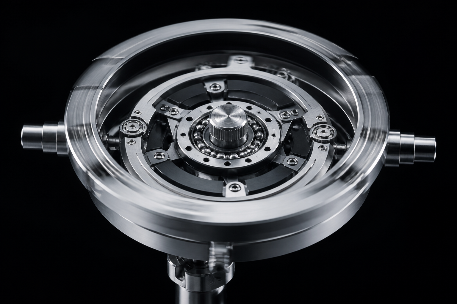 A precision silver mechanical ring in a black studio, suggesting inspection and iteration