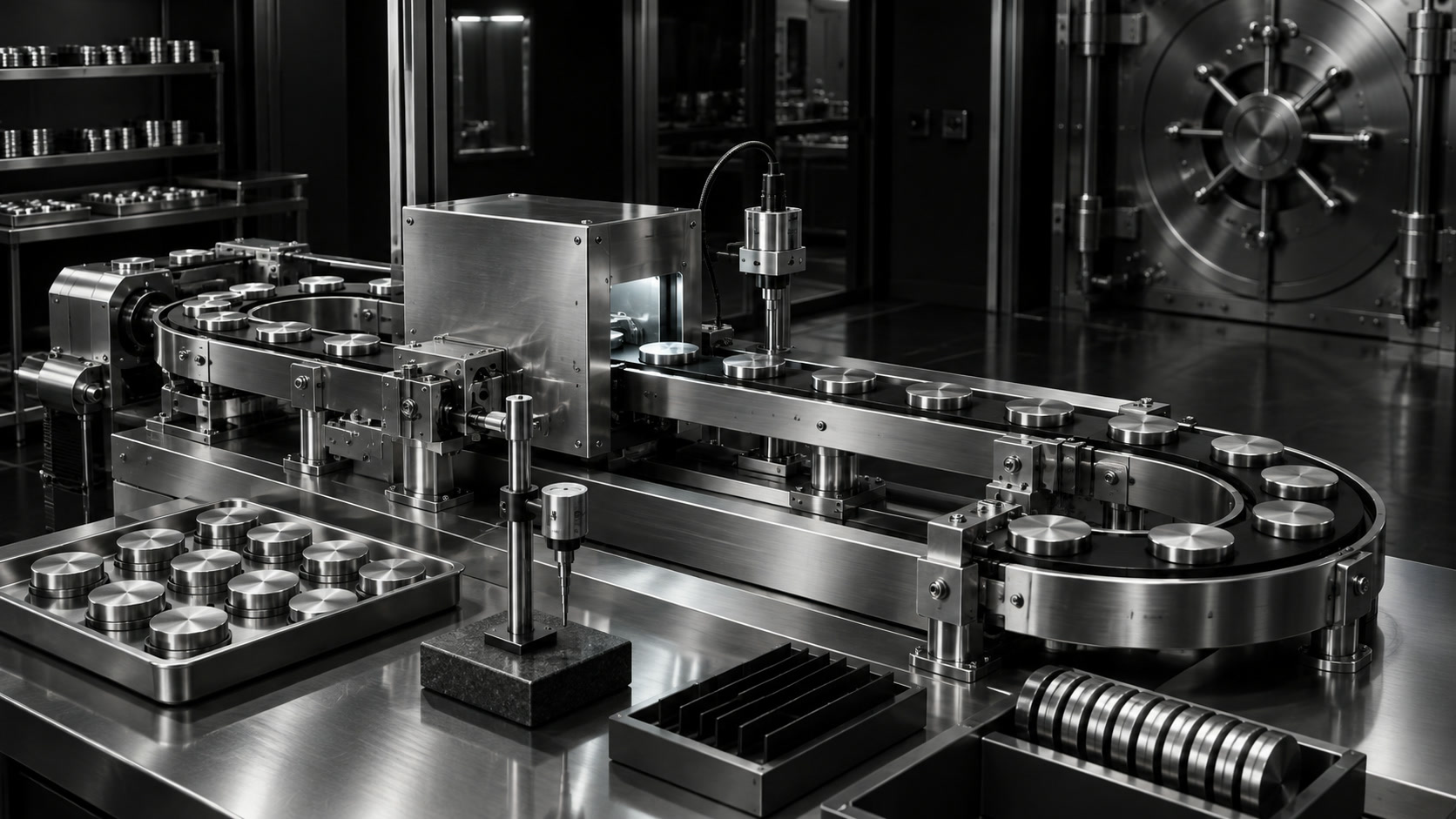 A closed-loop precision test machine carrying identical steel discs past measuring instruments