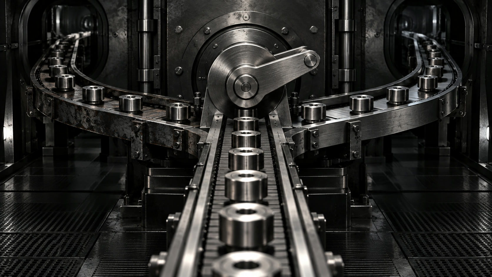 A precision switch routing metal components between an older worn rail and a newer polished parallel rail
