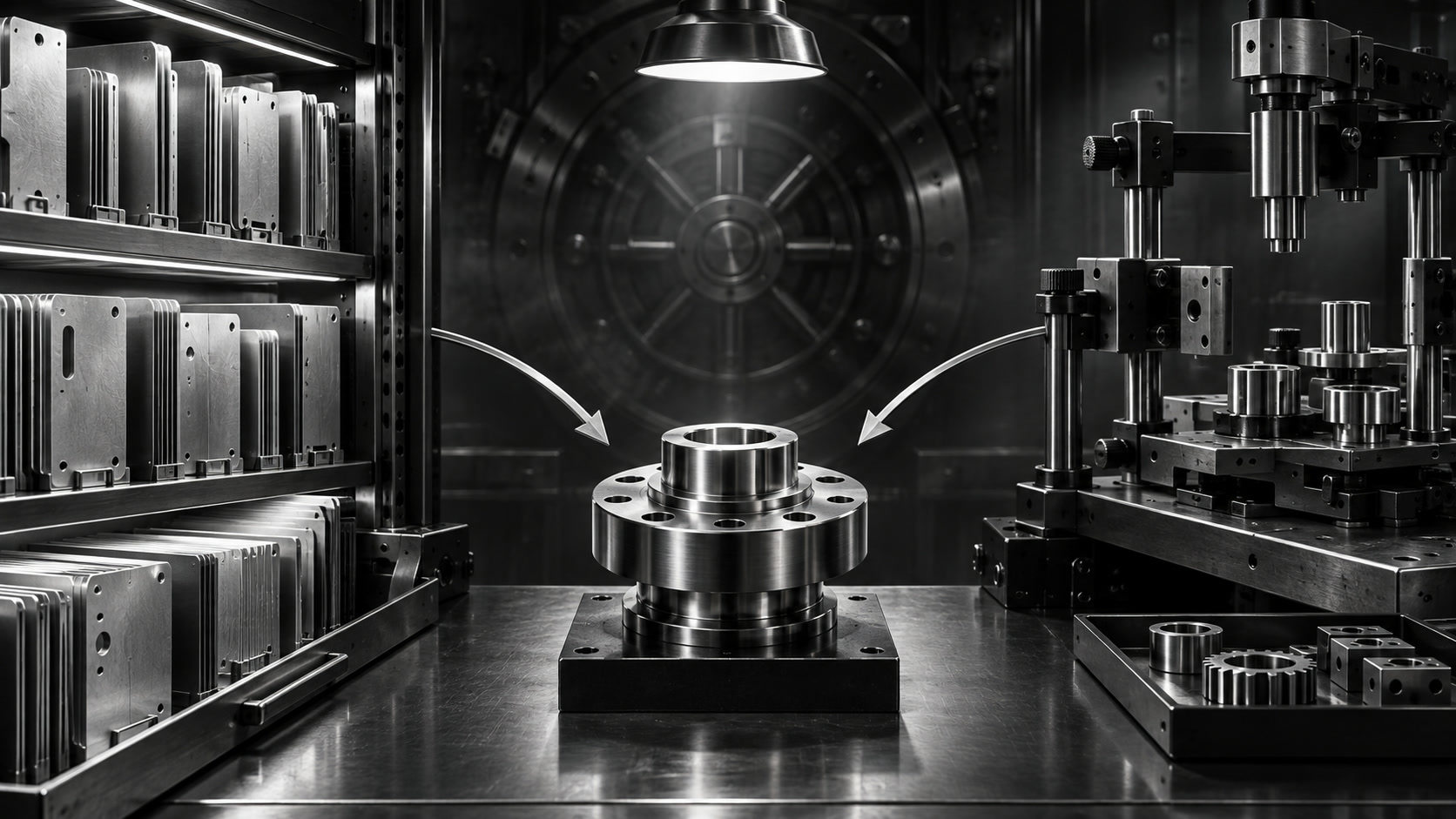 An archive of precision metal reference plates and a mechanical test jig converging on one finished component