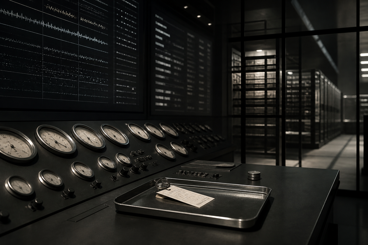 An operations gallery of gauges and light traces beside a glass walled code archive