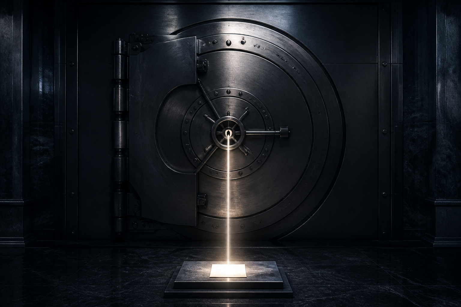 A massive vault door with a single precise aperture of light