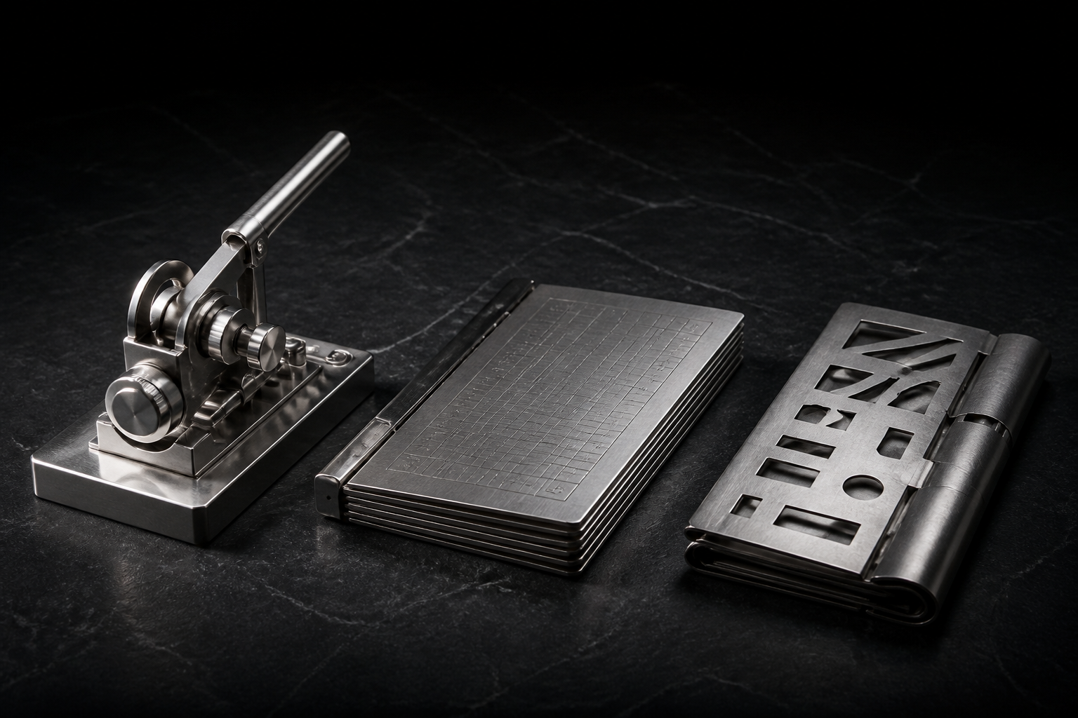 Three silver instruments representing action, readable data, and reusable workflow