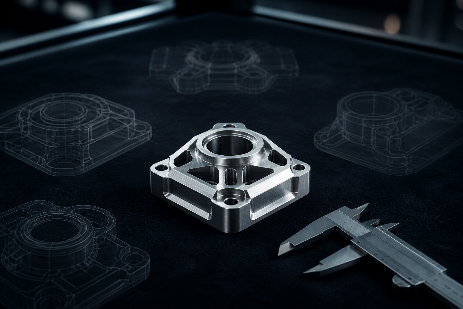 A single machined silver component used as a canonical reference on an inspection bench