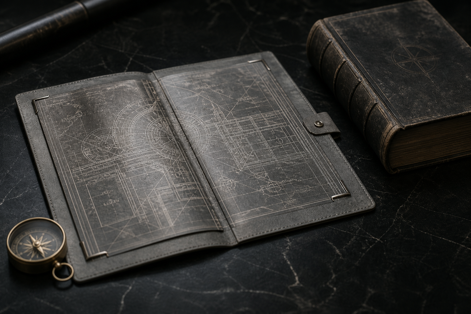 A slim silver map folio beside an unused encyclopedia