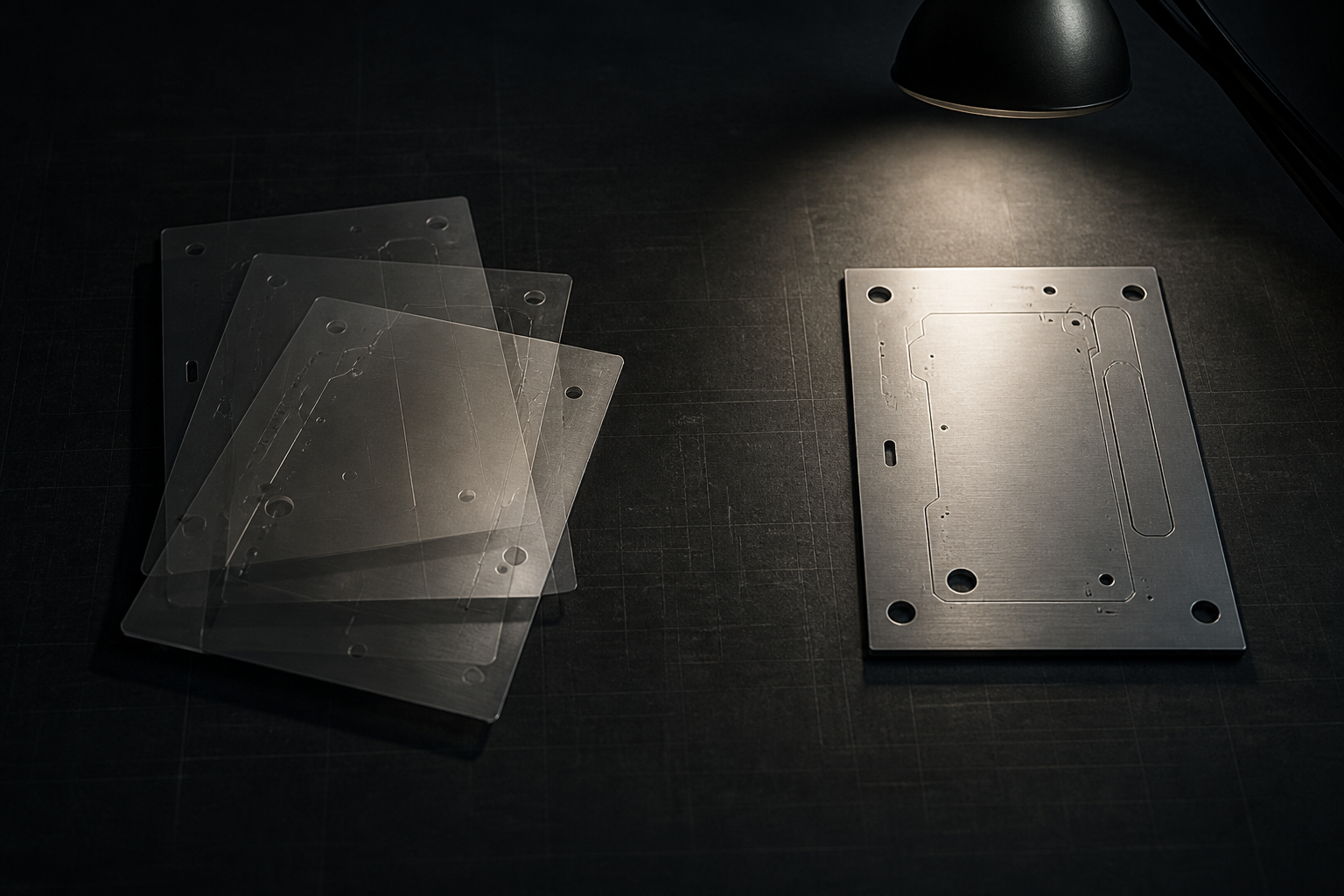 Misaligned translucent plates beside one precise steel plate under a lamp