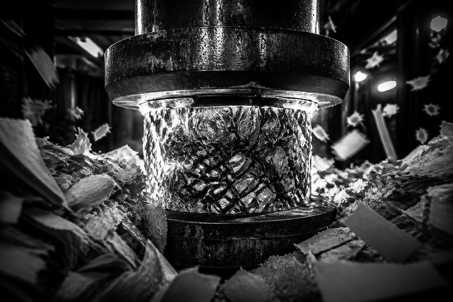 A hydraulic press compressing a dense silver core while shredded paper falls away
