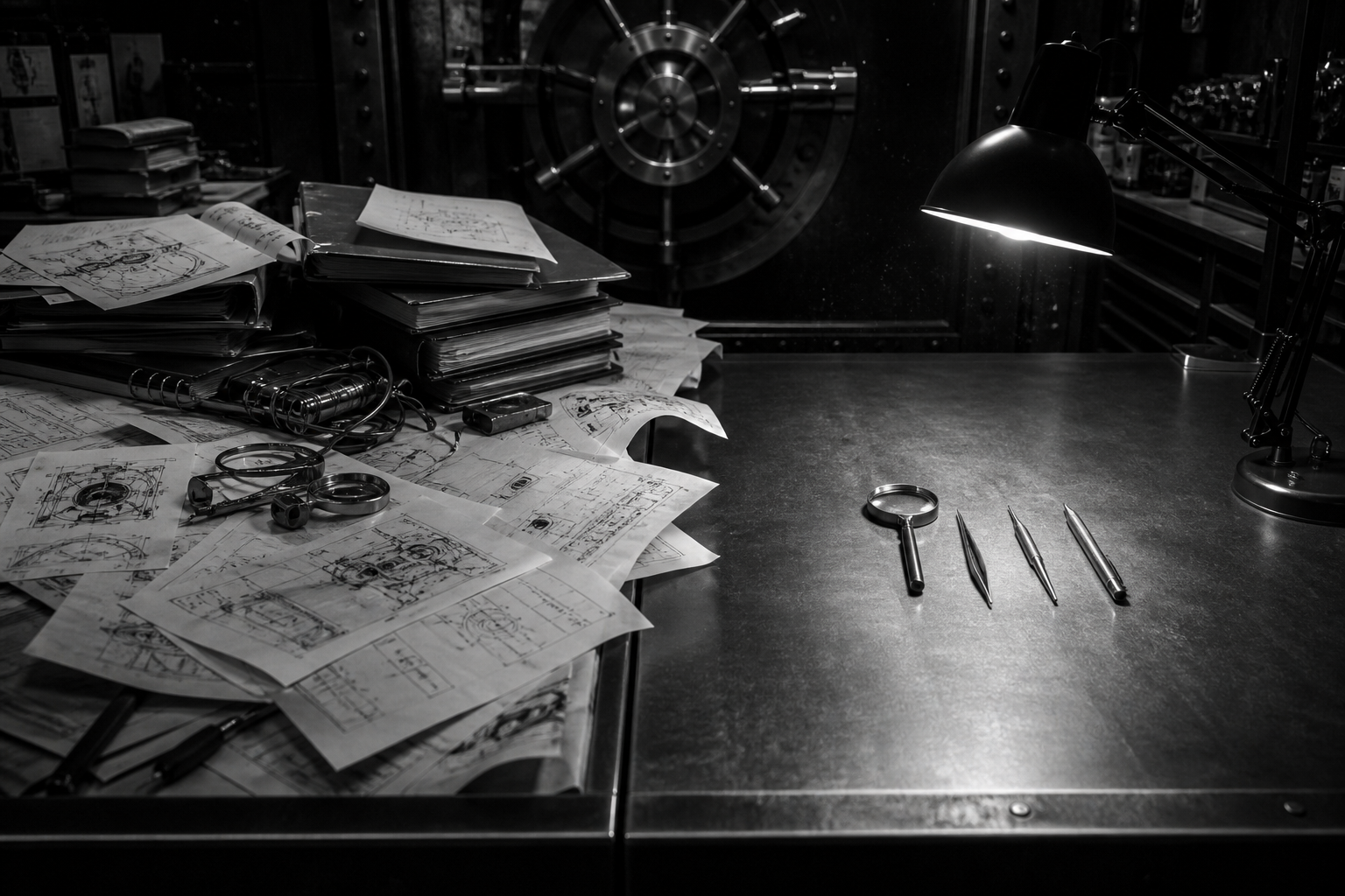 A cluttered metal desk beside a clean desk with four silver instruments under a lamp