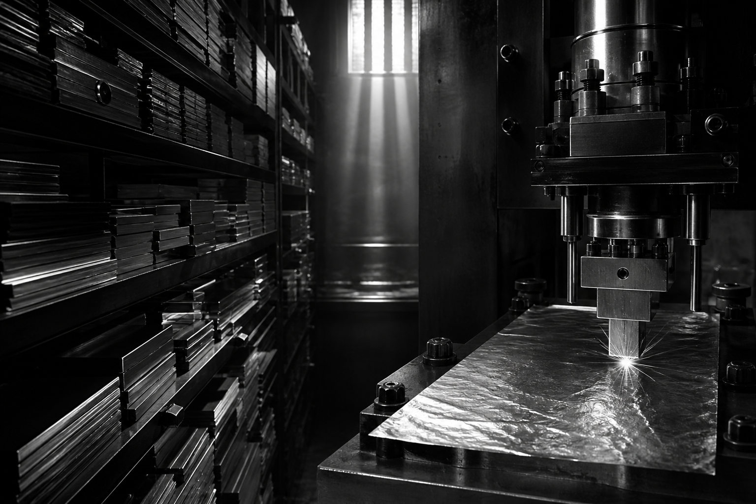 A wall of unread metal ledgers beside a single sheet being stamped by a press