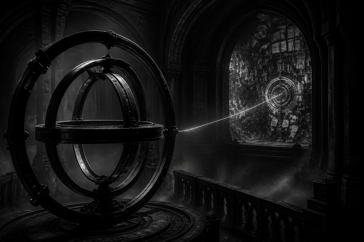 A calm steel ring connected by a thread of light to a distant alcove full of machinery